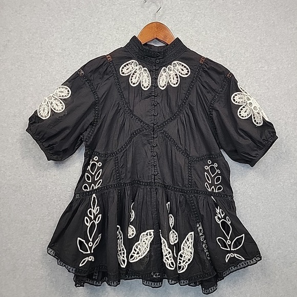 Anthropologie Tops - Forever That Girl Anthropologie Black Blouse Top With Lace Embroidery Boho XS‎
